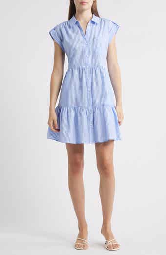 Eliza J Stripe Tiered Cotton Blend Shirtdress