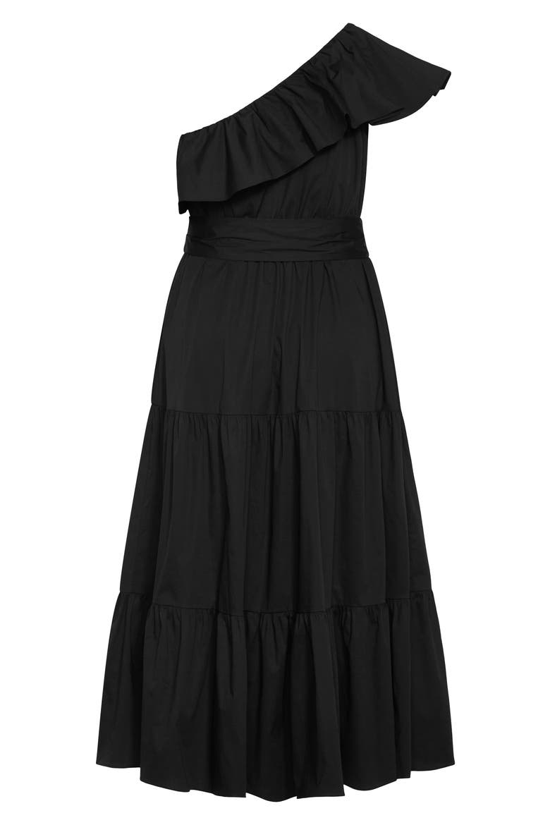 Kiama Ruffle One-Shoulder Tie Belt Tiered Stretch Cotton Dress, Alternate, color, BLACK