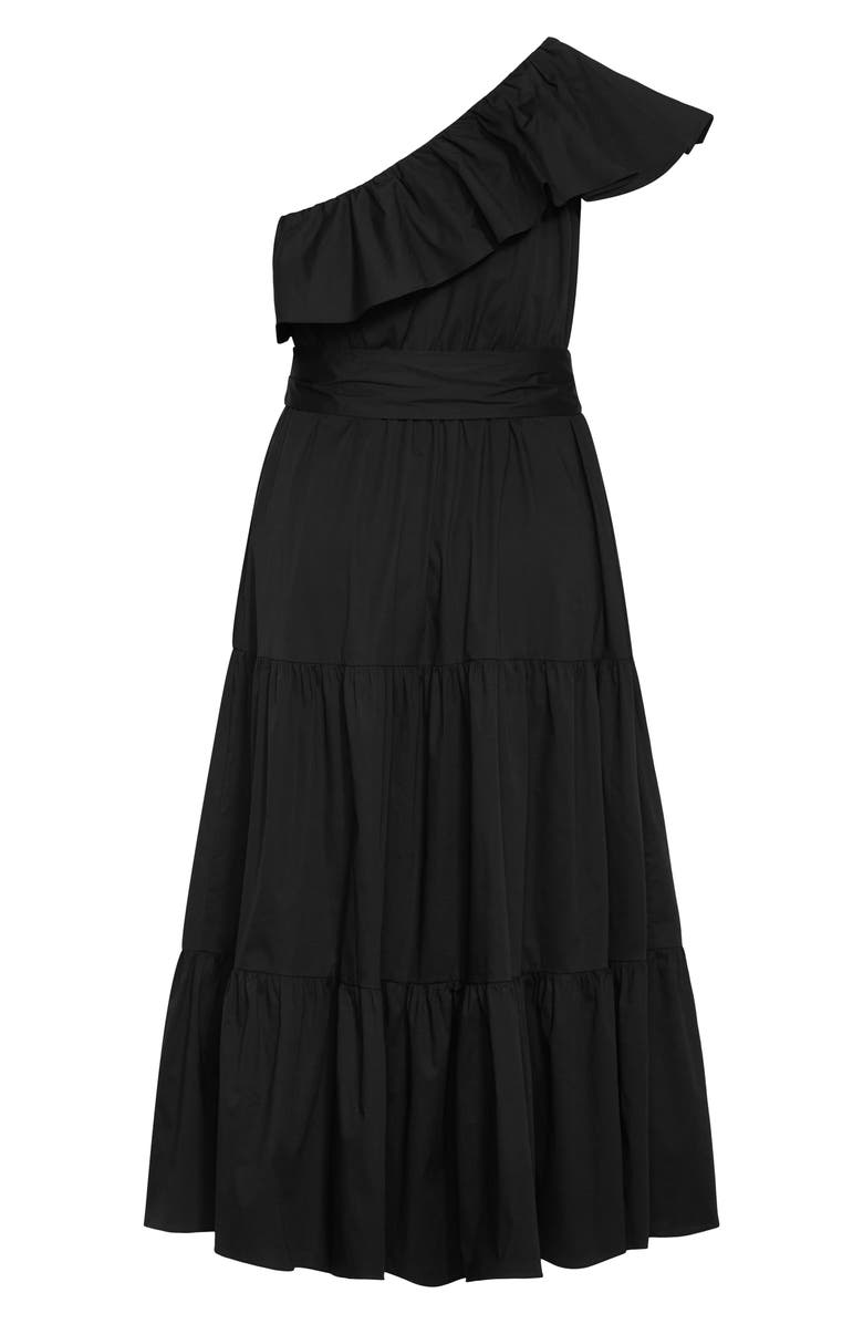 City Chic Kiama Ruffle One-Shoulder Tie Belt Tiered Stretch Cotton Dress, Alternate, color, Black