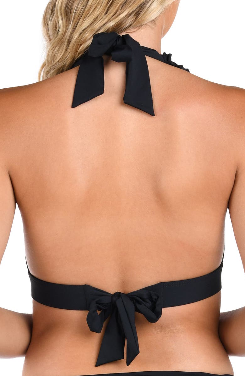 La Blanca Island Goddess Ruffle Halter Bikini Top, Alternate, color, Black