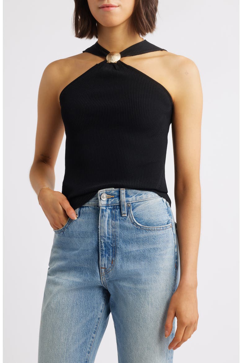 Senna Metal Accent Rib Halter Top, Main, color, BLACK