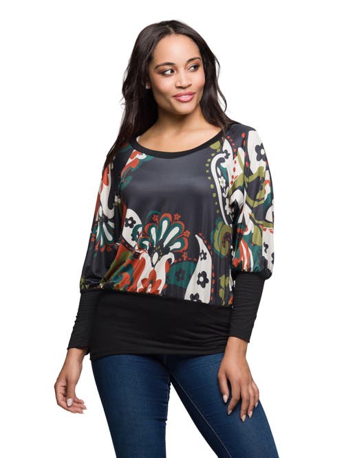 24seven Comfort Apparel Paisley Print Dolman Sleeve Banded Top In Black