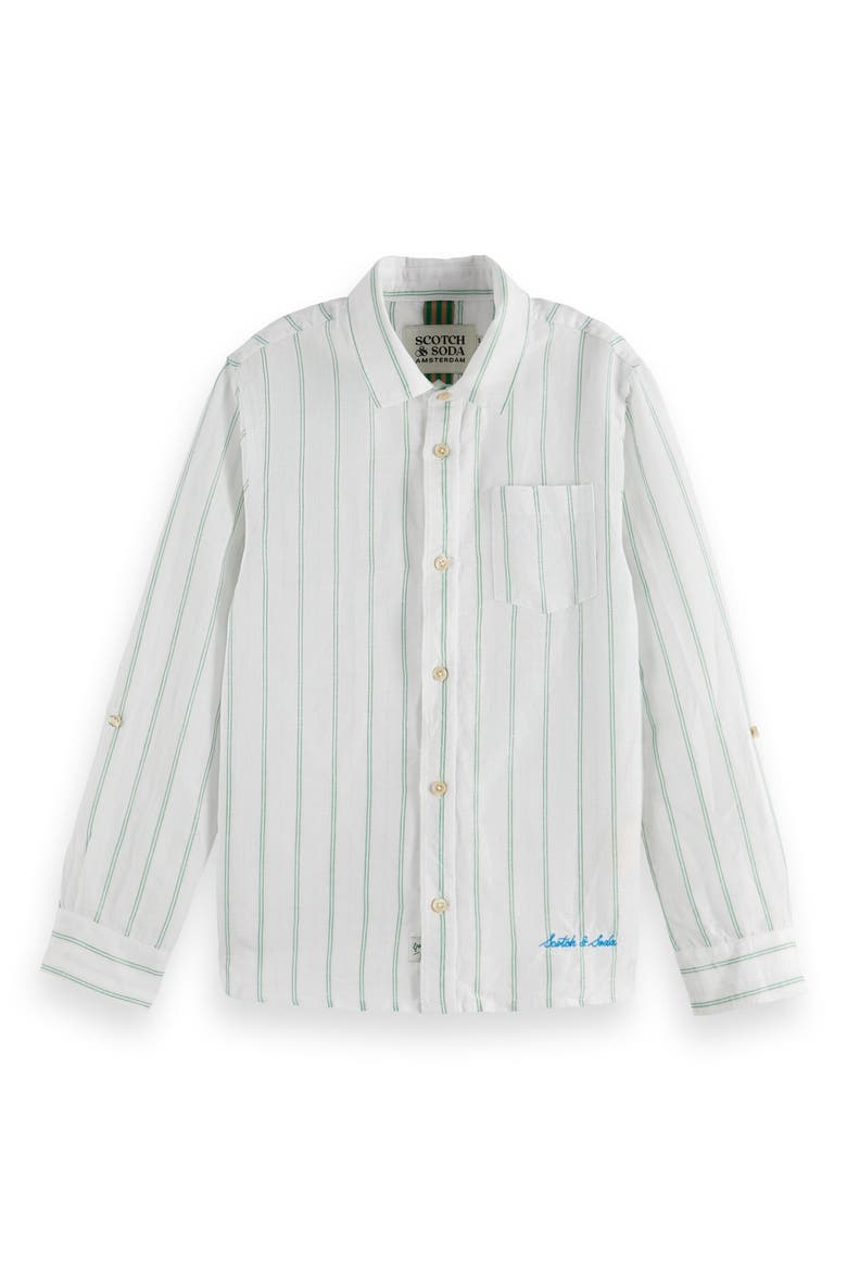 Kids' Stripe Linen & Cotton Button-Up Shirt, Main, color, WHITE/ BRIGHT GREEN/ STRIPE