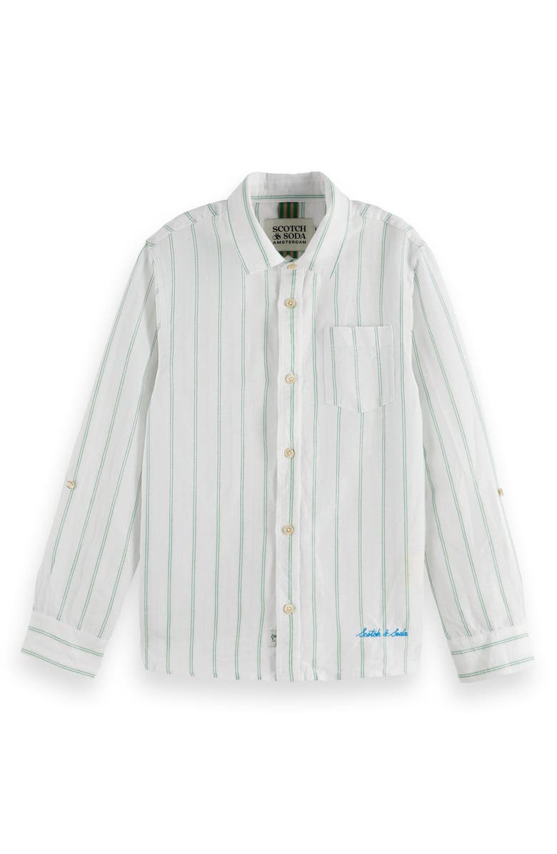 Scotch & Soda Kids' Stripe Linen & Cotton Button-Up Shirt, Main, color, White/ Bright Green/ Stripe