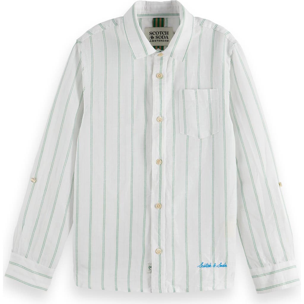 Scotch & Soda Kids' Stripe Linen & Cotton Button-up Shirt In White/bright Green/stripe