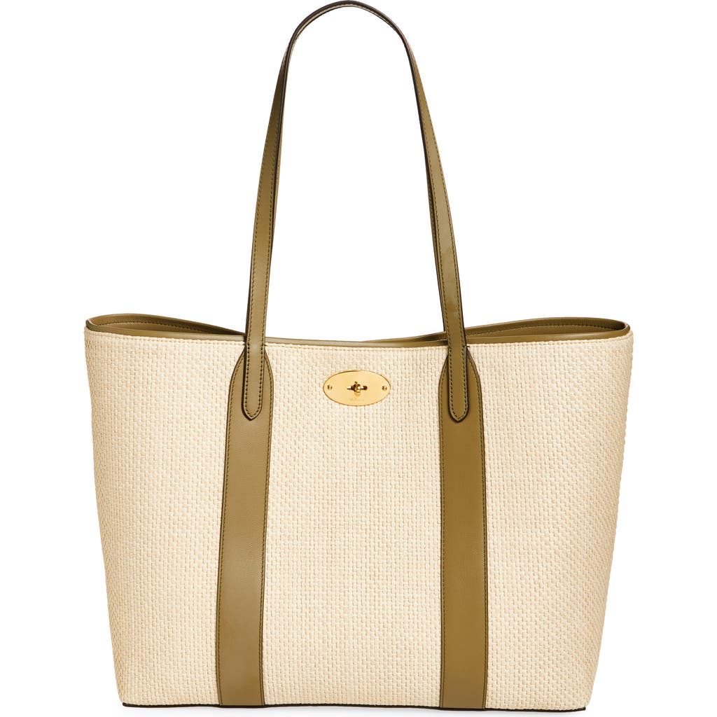 Mulberry Bayswater Raffia & Leather Tote In Linen Green/natural