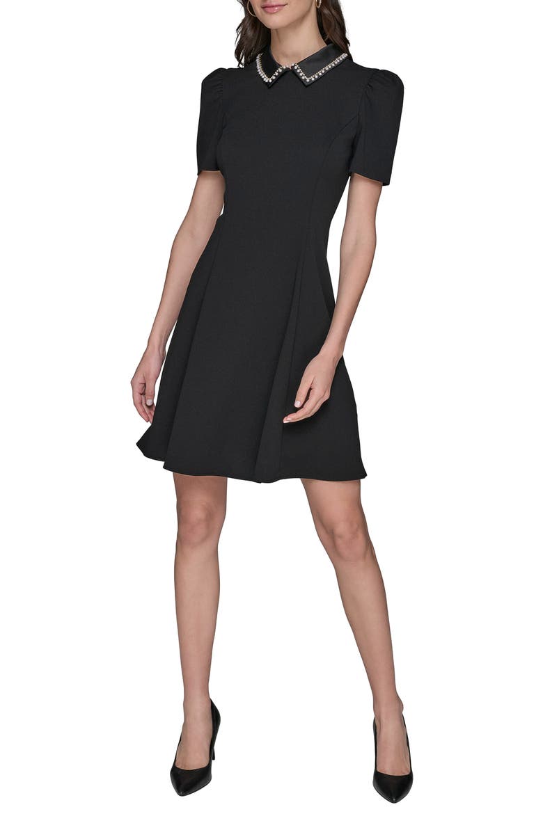 Faux Pearl Detail Crepe Fit & Flare Minidress, Main, color, BLACK