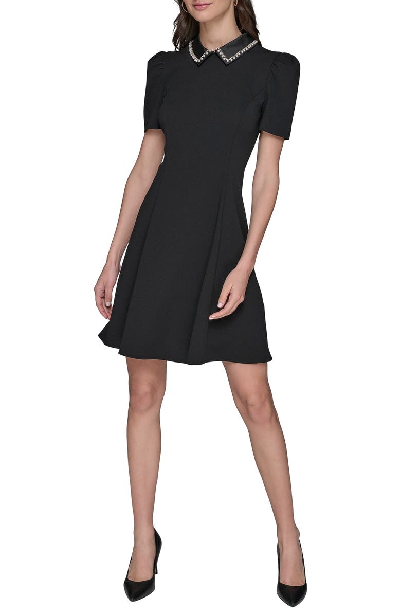 KARL LAGERFELD Faux Pearl Detail Crepe Fit & Flare Minidress, Main, color, 