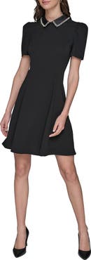 KARL LAGERFELD Faux Pearl Detail Crepe Fit & Flare Minidress