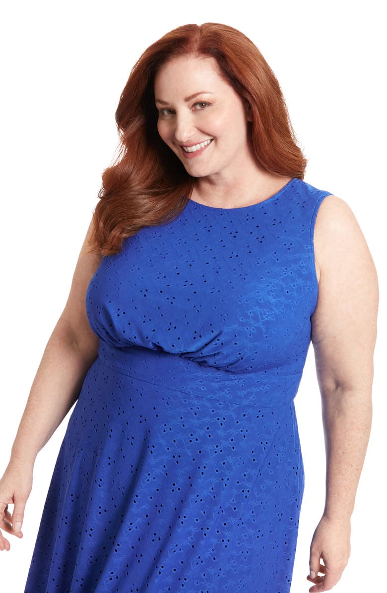 London Times Sleeveless Embroidered Eyelet Midi Dress, Alternate, color, Surf The Web