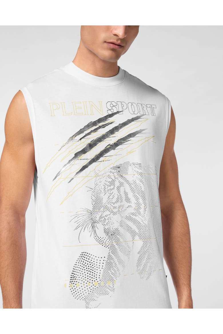 Cotton Dotted T-Shirt Round Neck Sleeveless Lamina Tiger Men, Alternate, color, white/lightgold