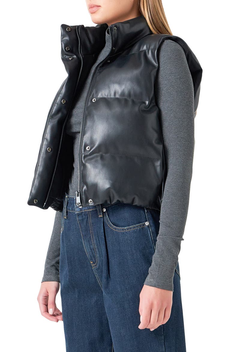 Faux Leather Crop Puffer Vest, Alternate, color, BLACK