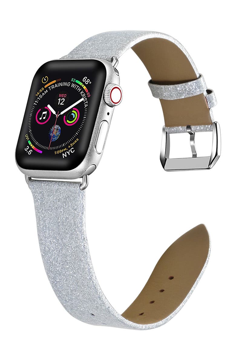 Posh Tech Silver Glitter Leather 42mm/44mm Band for Apple Watch Series 1, 2, 3, 4, 5, Alternate, color, Silver