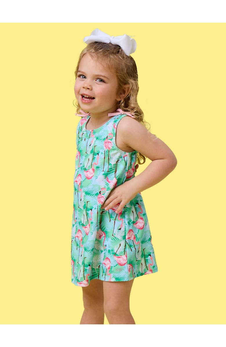 RuffleButts UPF50+ Active A-Line Bow Dress & Bike Short Set, Alternate, color, Green Vibrant Flamingo