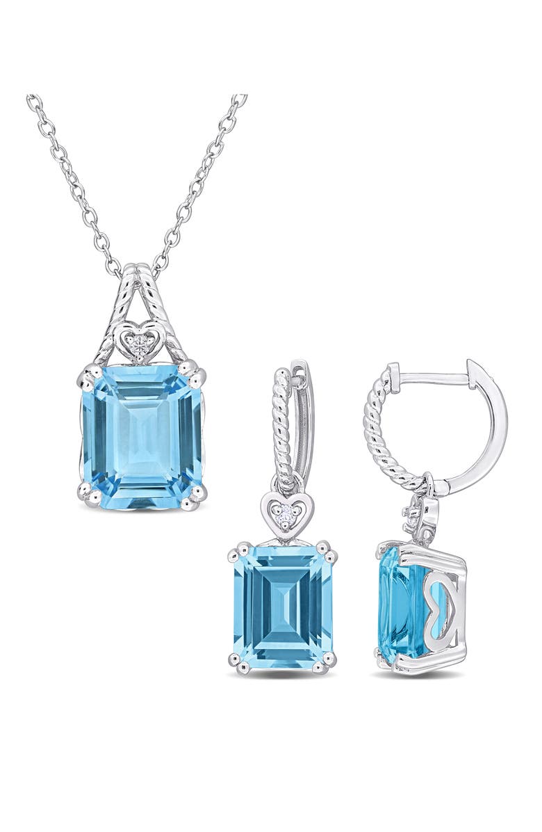 DELMAR Sky Blue Topaz & White Topaz Heart Necklace & Earrings Set, Main, color, Blue