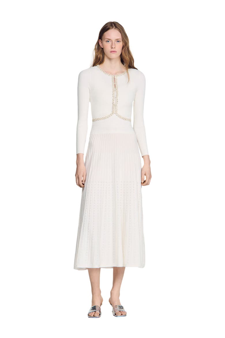 Cropped pearl and strass cardigan, Main, color, White