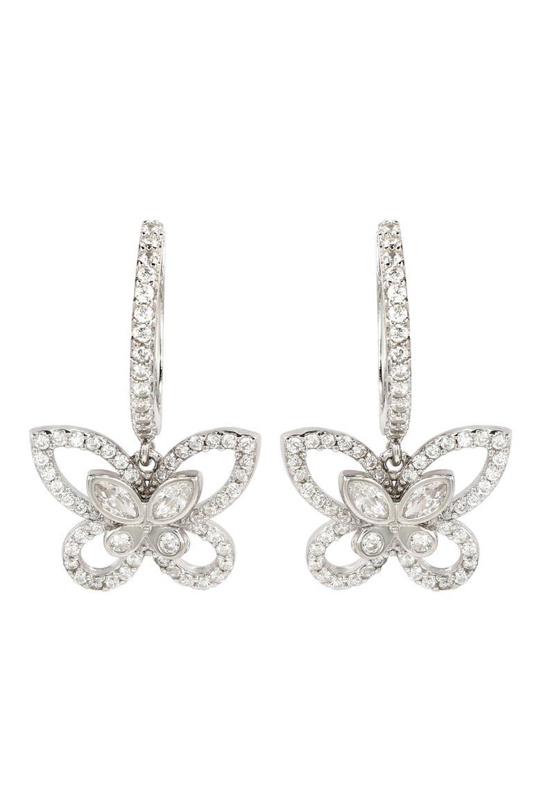 Sterling Silver Pavé CZ Butterfly Drop Earrings, Main, color, WHITE