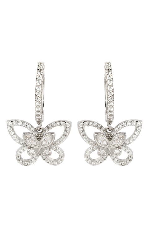 Sterling Silver Pavé CZ Butterfly Drop Earrings