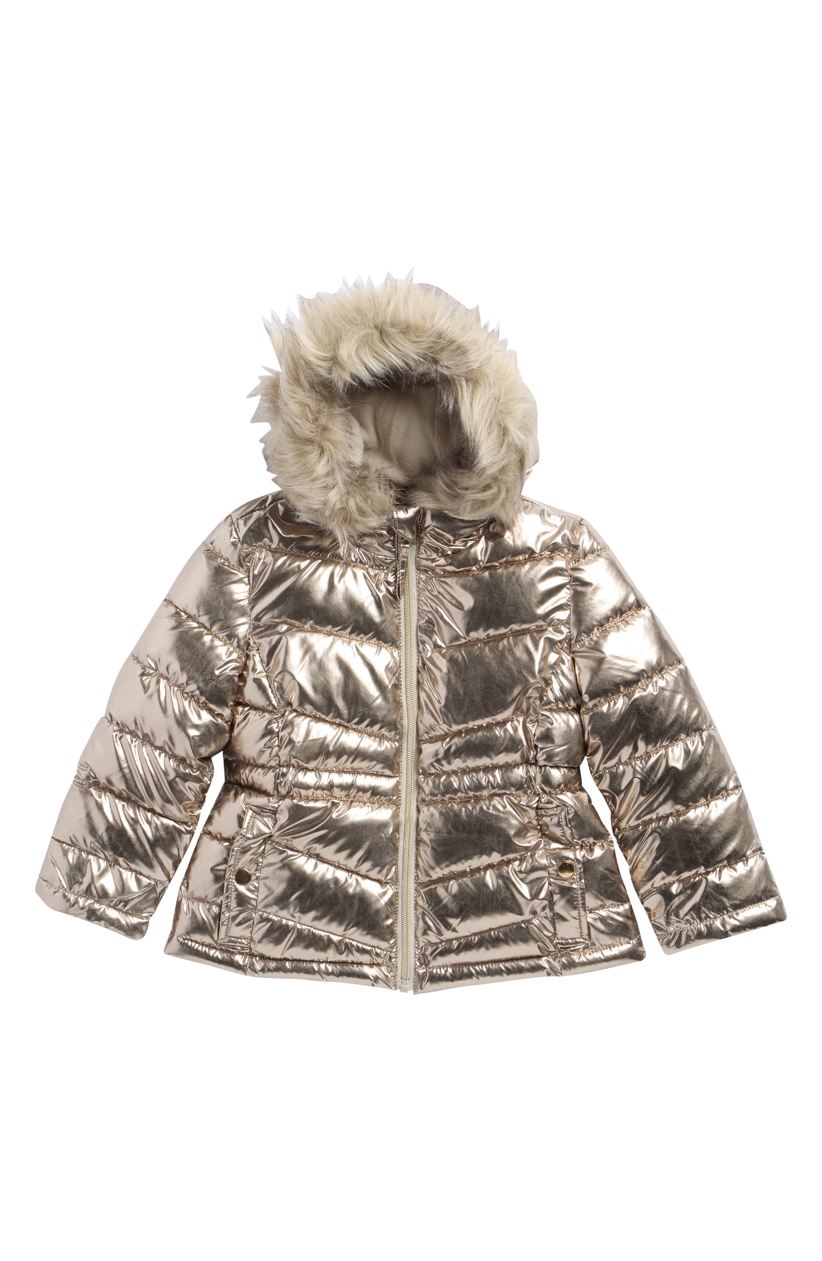 Rothschild Kids' Metallic Puffer Jacket with Faux Fur Trim
