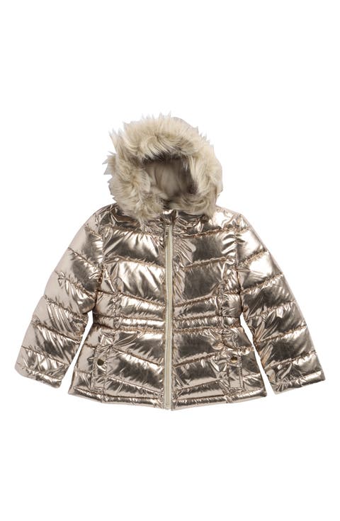 Kids' Metallic Puffer Jacket with Faux Fur Trim (Toddler & Little Kid)