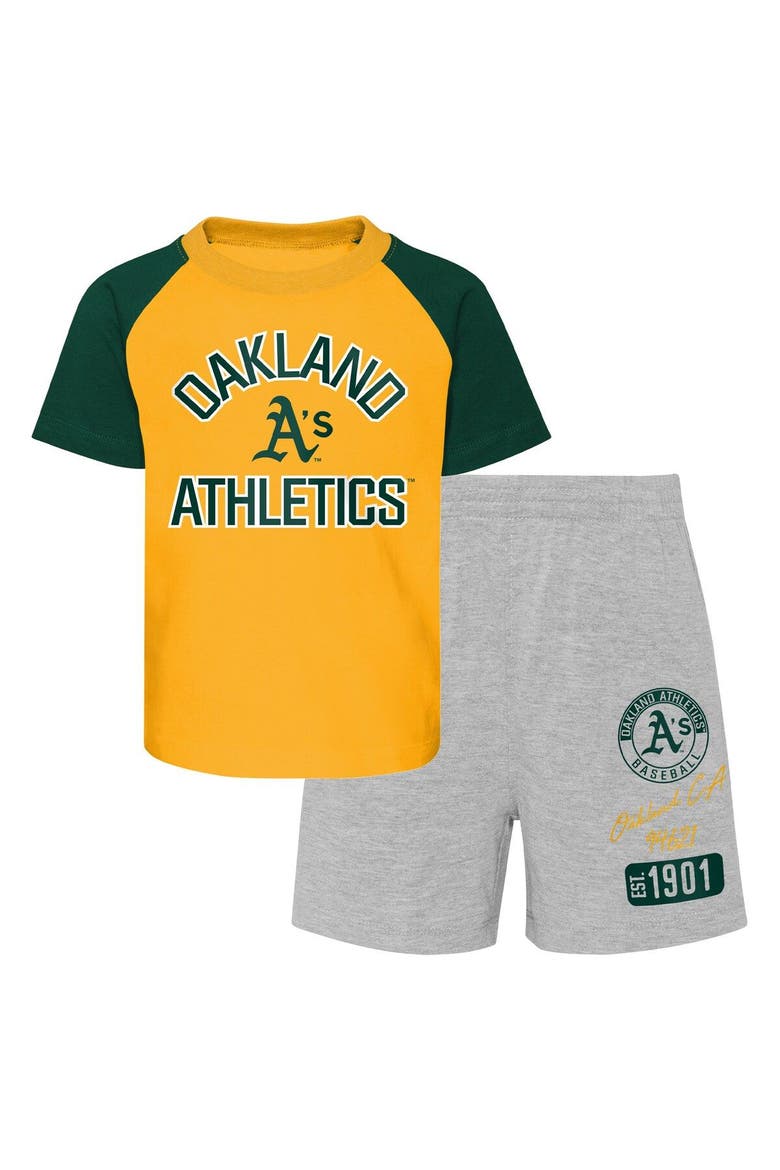 Infant Gold/Heather Gray Oakland Athletics Ground Out Baller Raglan T-Shirt and Shorts Set, Main, color, Gold
