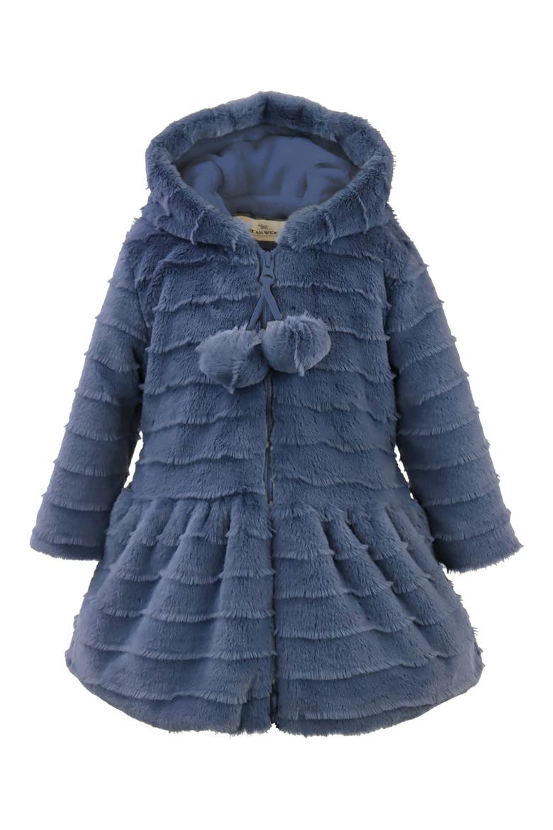 Hooded Faux Fur Coat, Main, color, NAVY LASH STRIPE