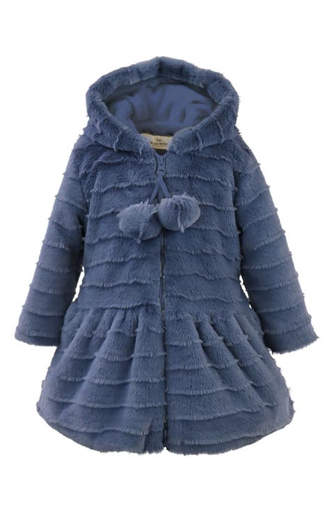 Faux Fur Hooded Zip Front Pompom Coat