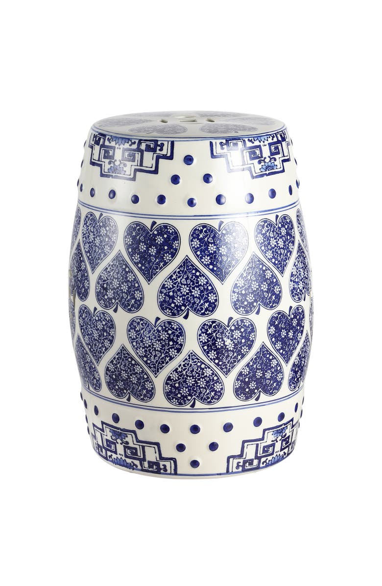 JONATHAN Y Happy Hearts 17.8" Chinoiserie Ceramic Drum Garden Stool, Main, color, Blue/White