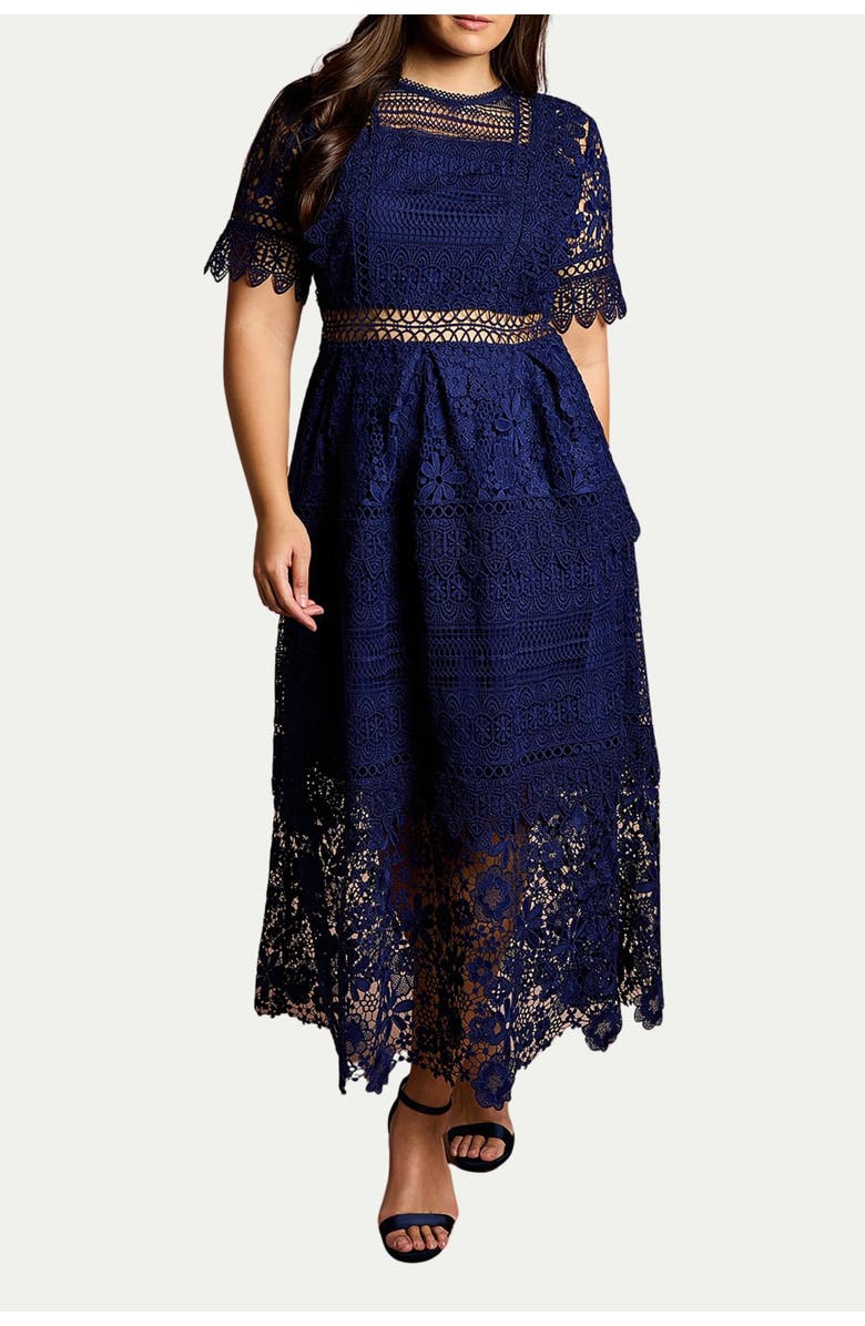 Coast Short Sleeve Lace Midi Dress, Alternate, color, Navy