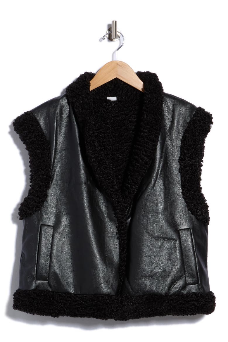 Faux Shearling Lined Reversible Faux Leather Vest, Alternate, color, BLACK