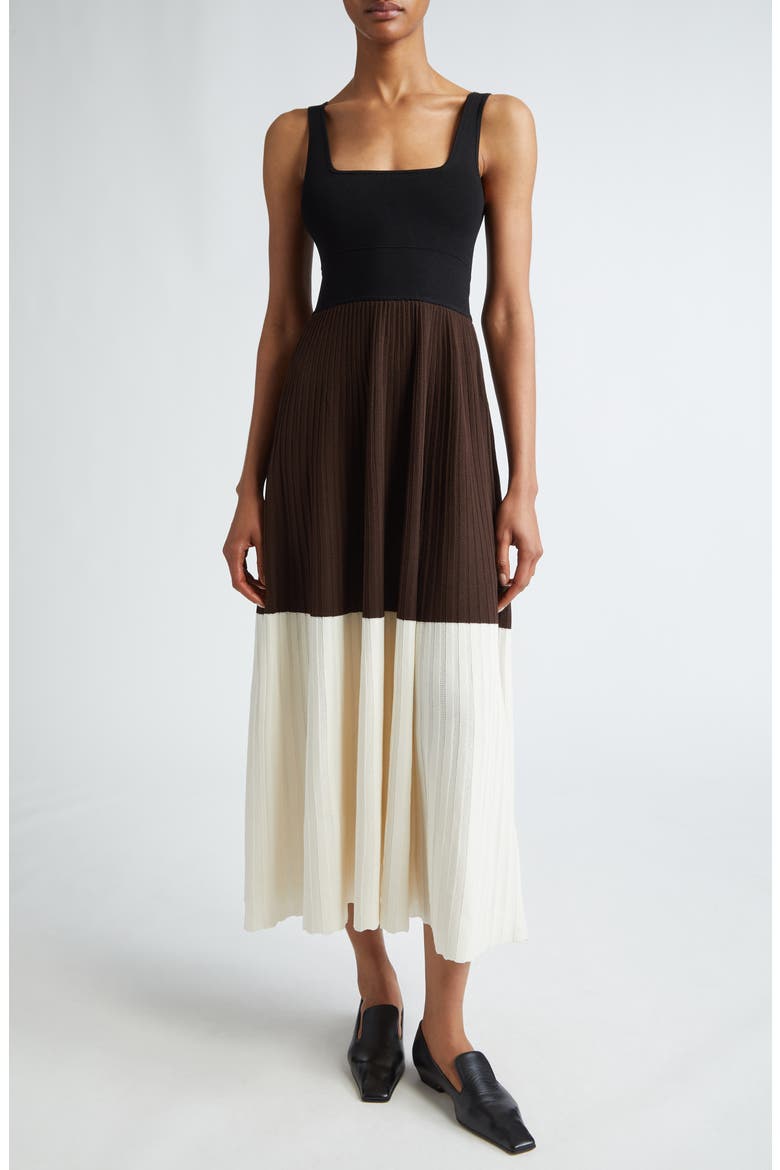 Colorblock Square Neck Rib Dress, Main, color, BITTER CHOCOLATE
