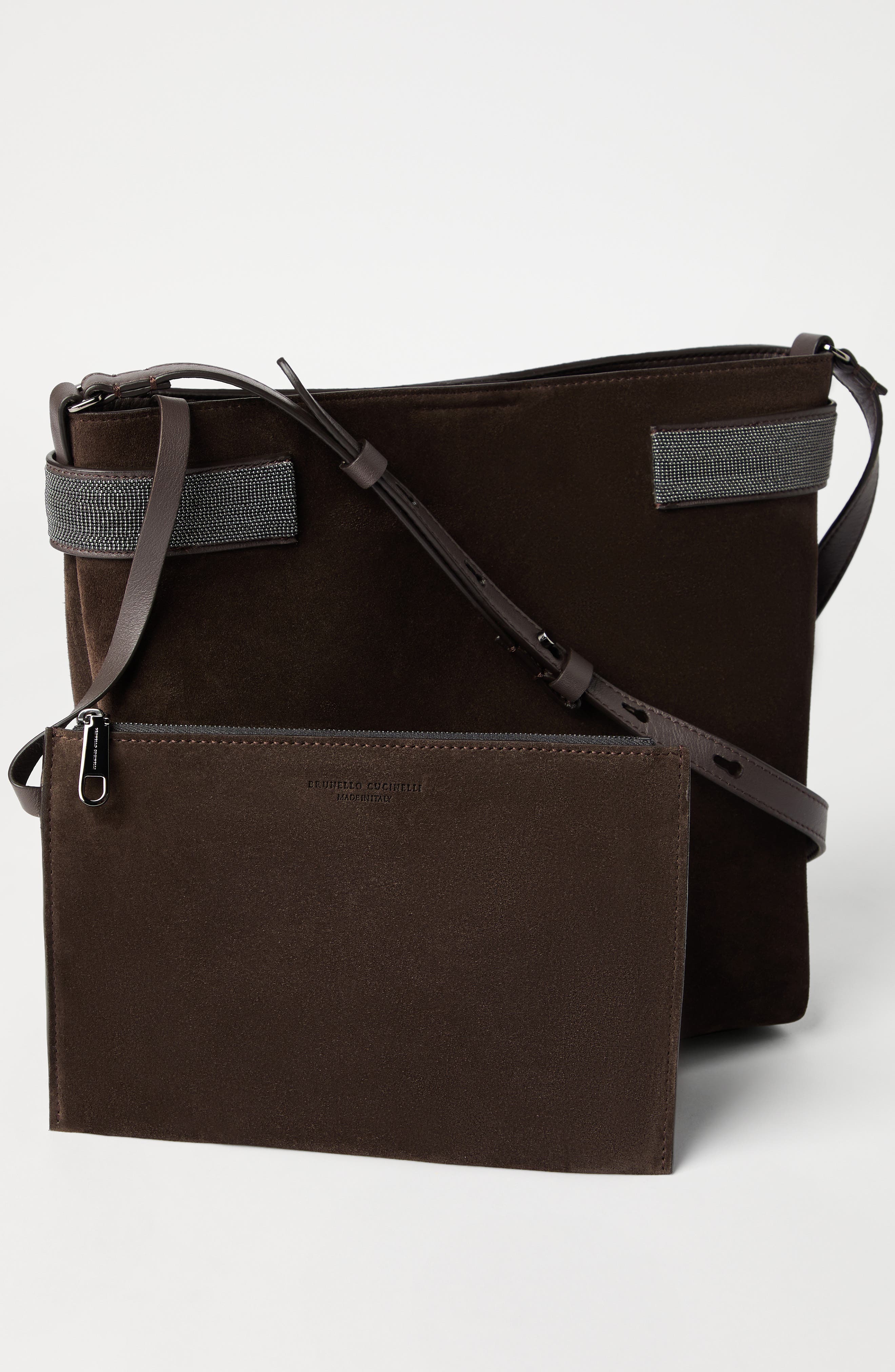 Brunello Cucinelli Suede essence bucket bag, Alternate, color, Pine Cone Brown