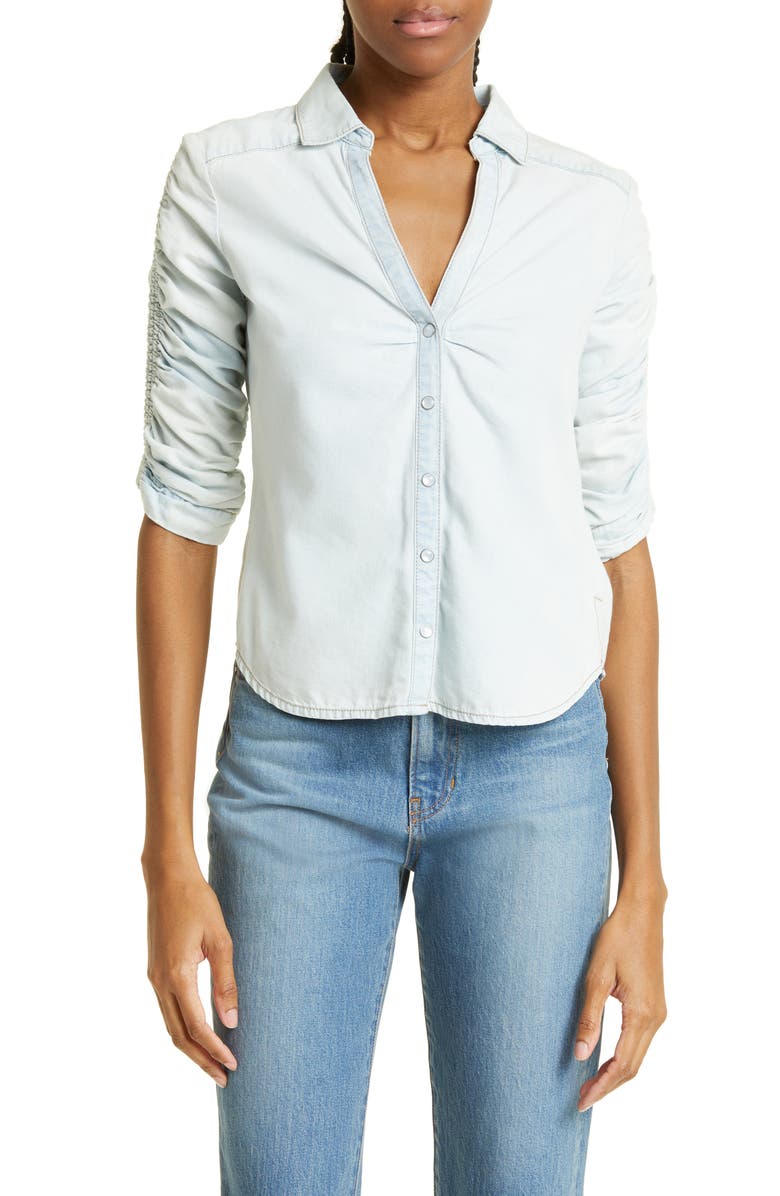 Veronica Beard Porta Shirred Sleeve Snap-Up Chambray Shirt, Main, color, 