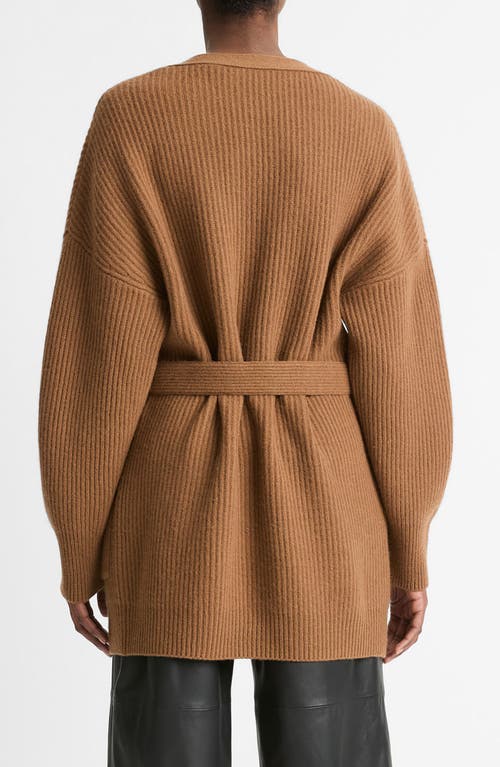 Vince Leather Belt Ribbed Cardigan Sweater In Almond