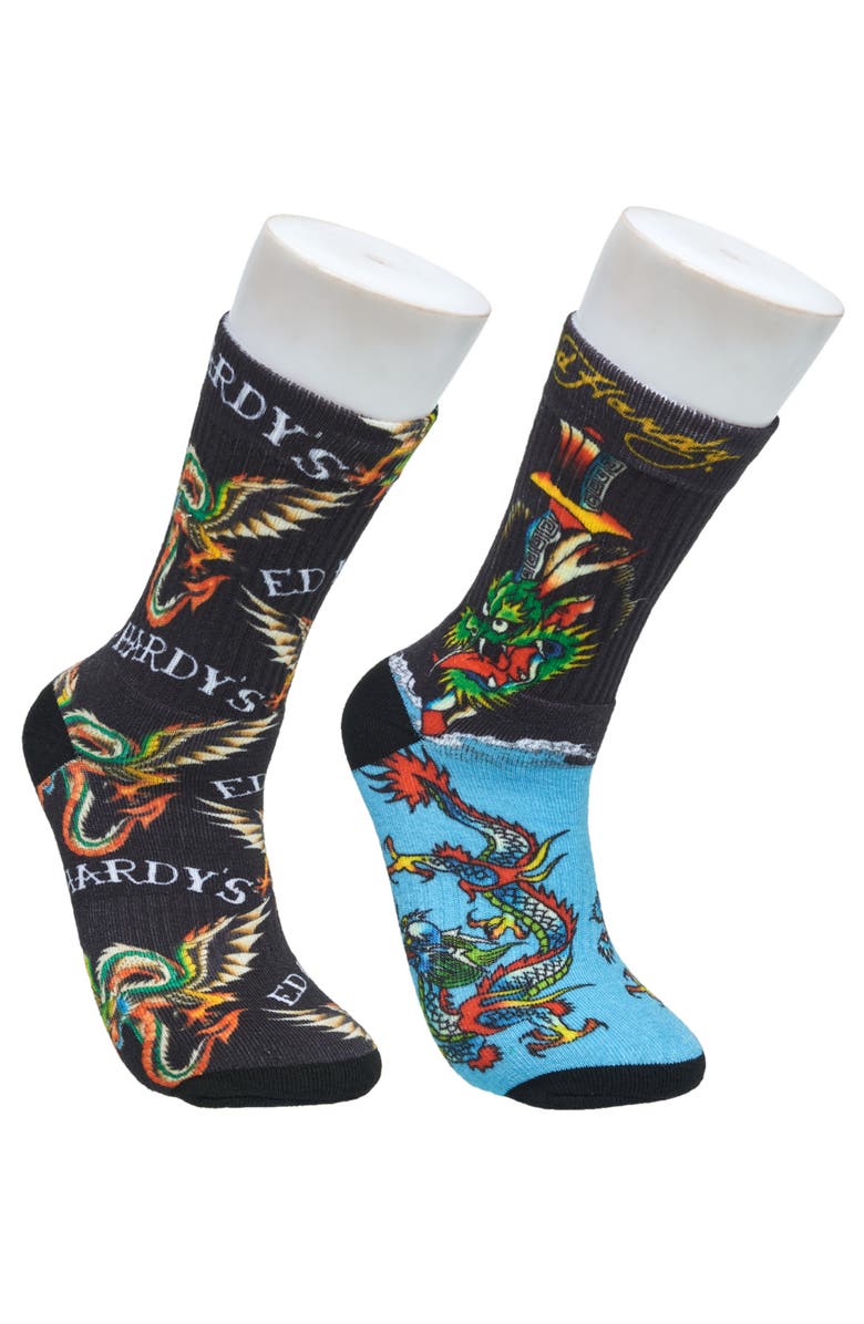 Ed Hardy 360 Print Full Cushion Crew Sock 2-Pack, Main, color, Black