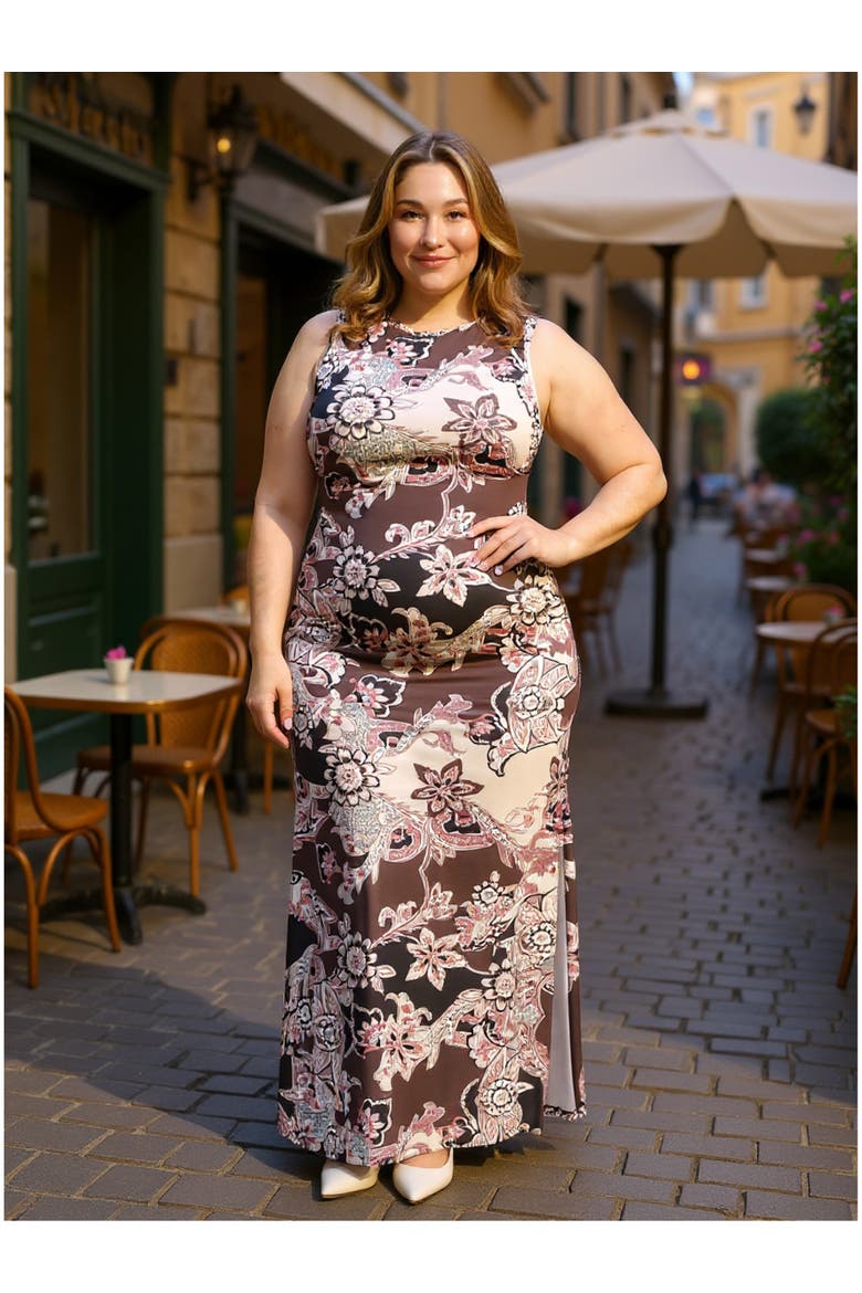 Curvy Essential Sleeveless Round Neck Side Slit Bodycon A-Line Maxi Dress, Alternate, color, Brown Multi