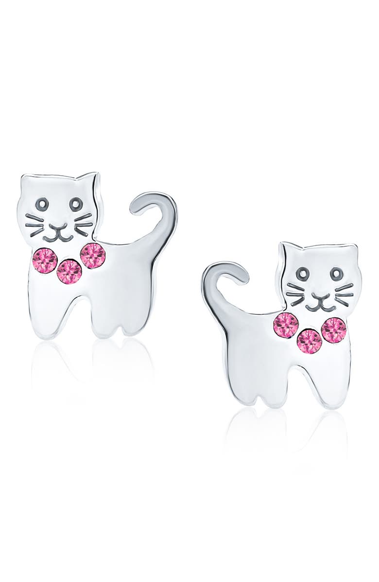 BLING JEWELRY Mini Crystal Kitty Stud Earrings, Main, color, Pink