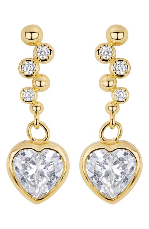 Cubic Zirconia Bezel Heart Drop Earrings