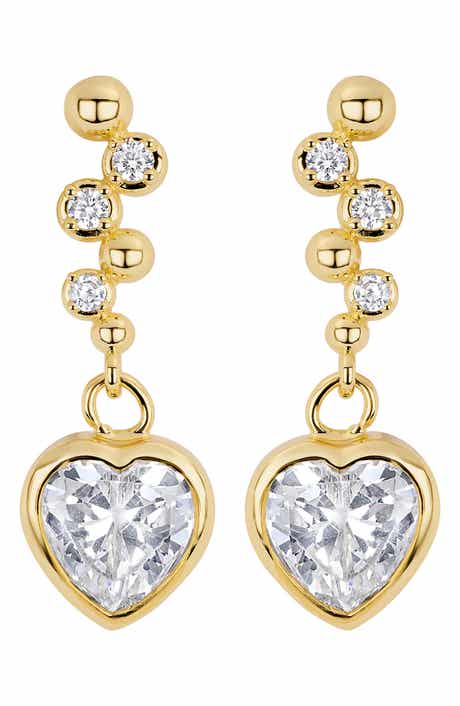 Cubic Zirconia Bezel Heart Drop Earrings
