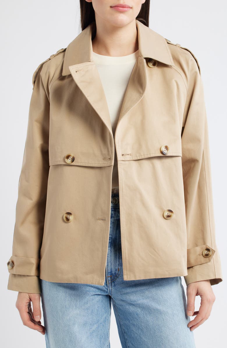 Bernardo Short Cotton Trench Coat, Alternate, color, Khaki