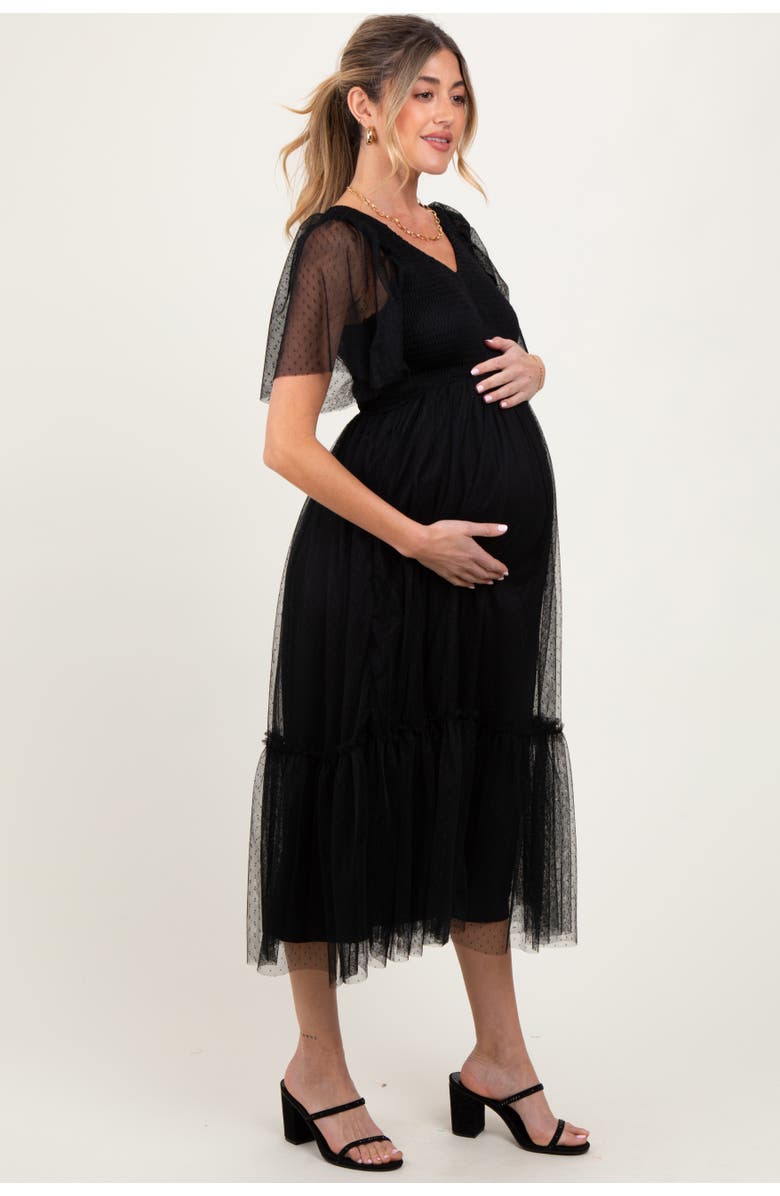 PinkBlush Dotted Tulle Smocked Maternity Midi Dress, Alternate, color, Black