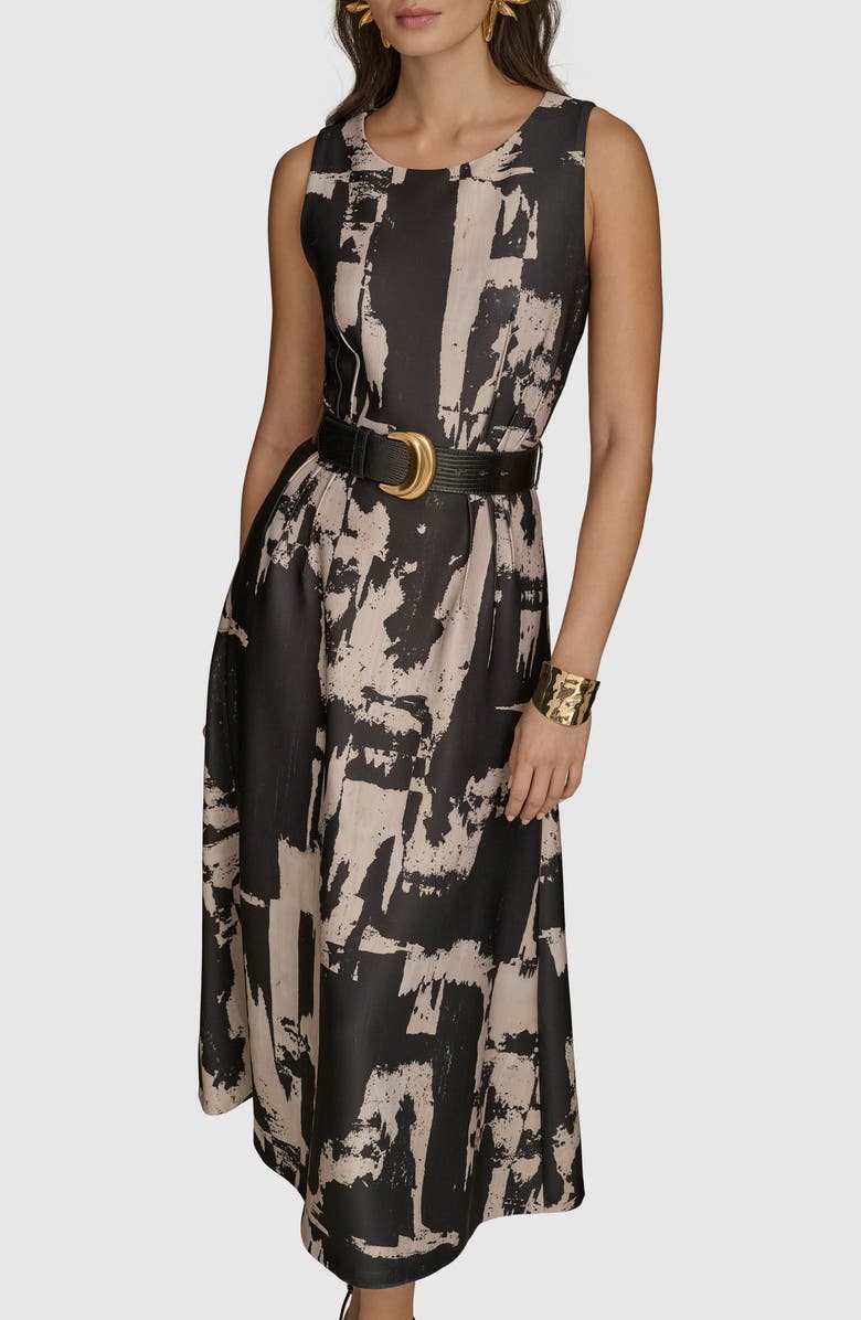 Donna Karan New York Abstract Print Sleeveless Midi Dress, Alternate, color, Black/ Sand Multi