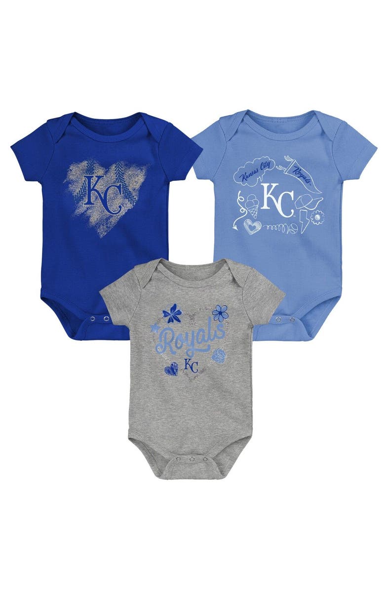 Outerstuff Infant Royal/Light Blue/Heathered Gray Kansas City Royals Batter Up 3-Pack Bodysuit Set, Main, color, Royal