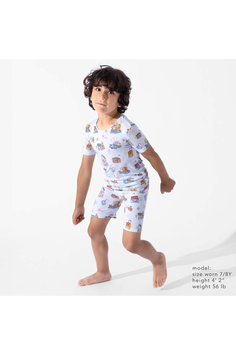 Vintage Suitcases Kids 2-Piece Short Sleeve & Shorts Pajama Set, Alternate, color, Vintage Suitcases
