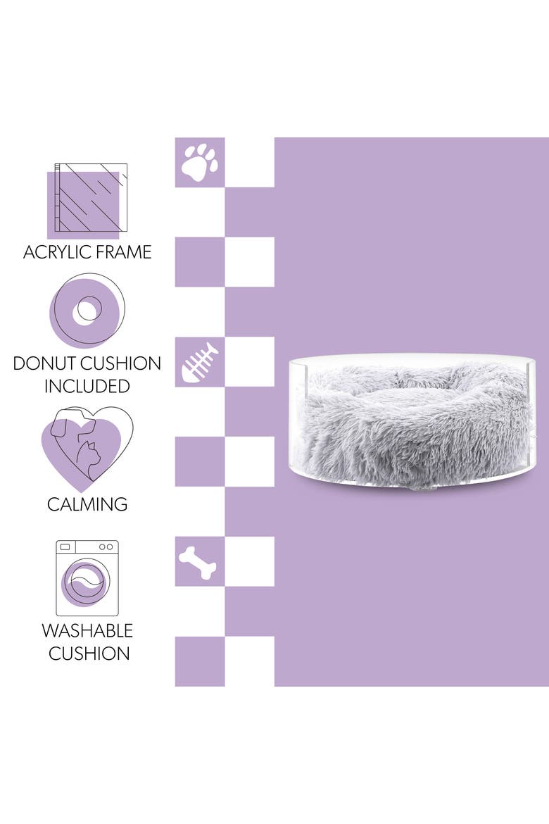 Bette 20.75" x 20.75" Small/Medium Modern Lucite Calming Fluffy Donut Pet Bed with Washable Cover, Alternate, color, Light Gray/Clear
