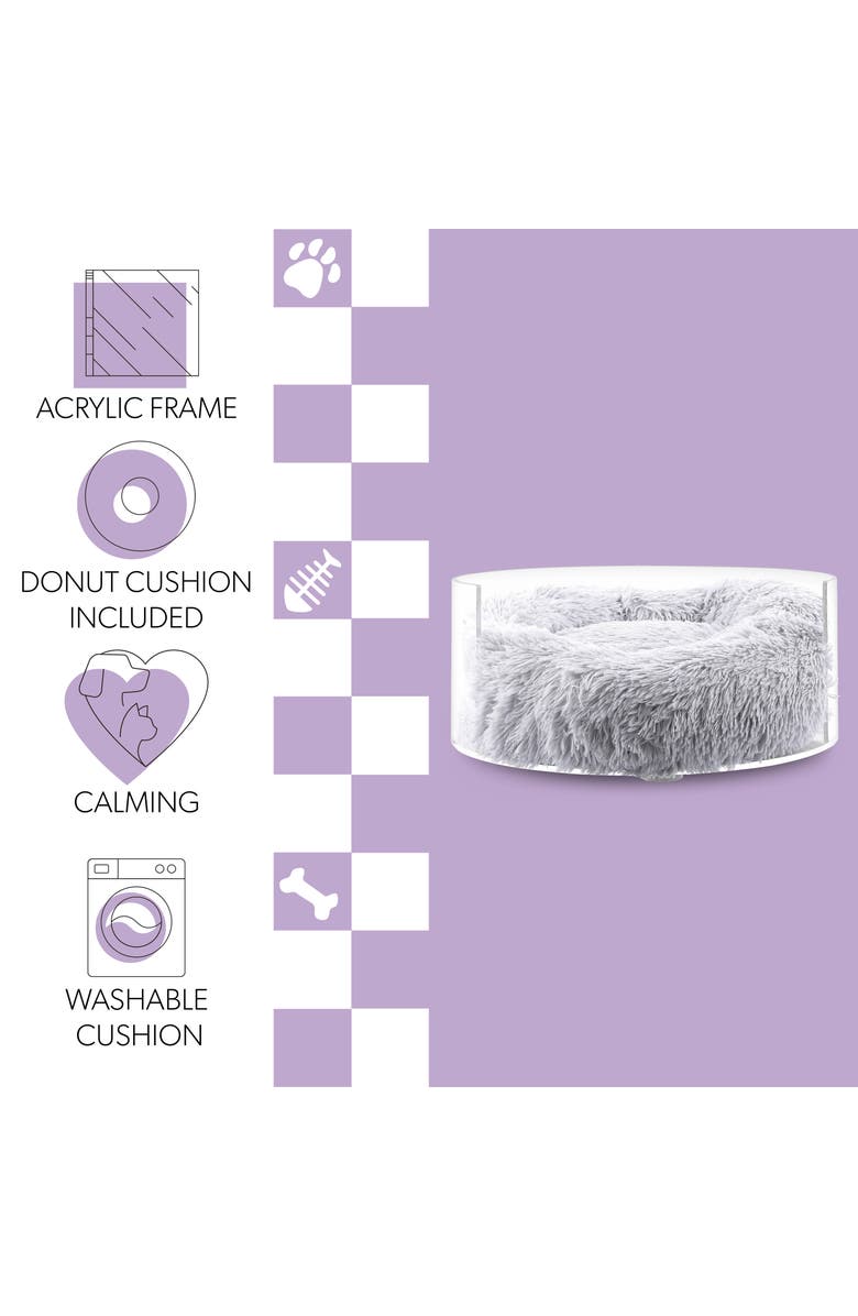The Licker Store Bette 20.75" x 20.75" Small/Medium Modern Lucite Calming Fluffy Donut Pet Bed with Washable Cover, Alternate, color, Light Gray/Clear