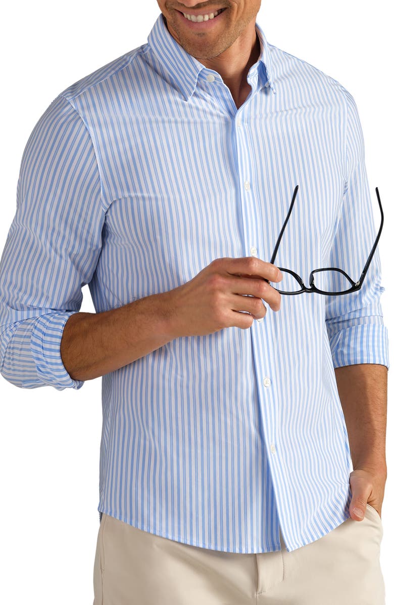 Rhone Commuter Slim Fit Stripe Performance Button-Up Shirt, Main, color, Light Blue/ White Stripe