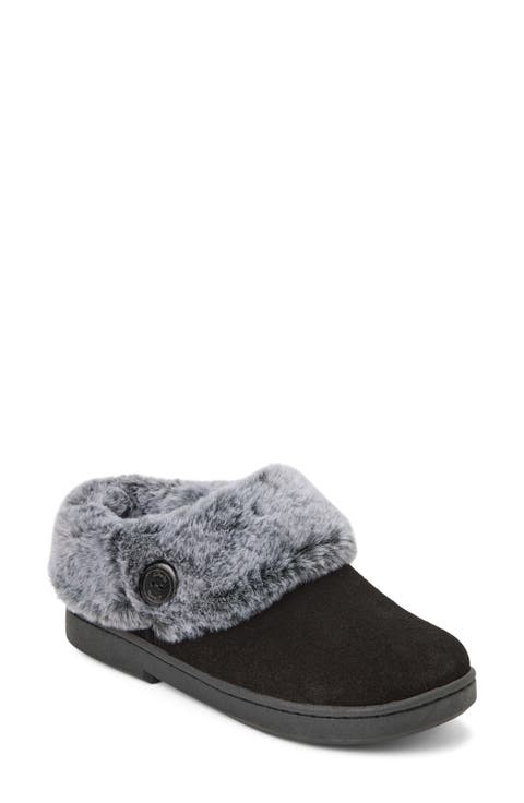 Suede Clog With Tipped Faux Fur Cuff & Button Detail Slippers