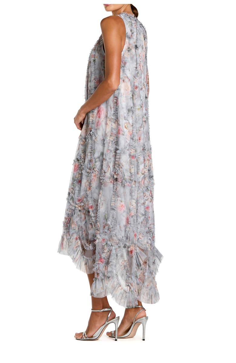 Mac Duggal Floral Ruffle High Neck Midi Dress, Alternate, color, Pearl Grey