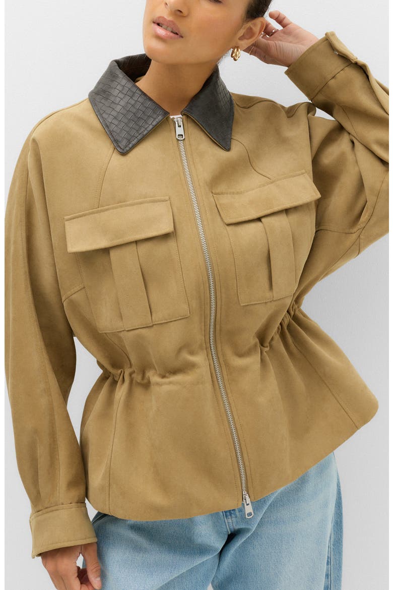 Faux Suede Peplum Jacket with Faux Leather Collar, Main, color, BROWN